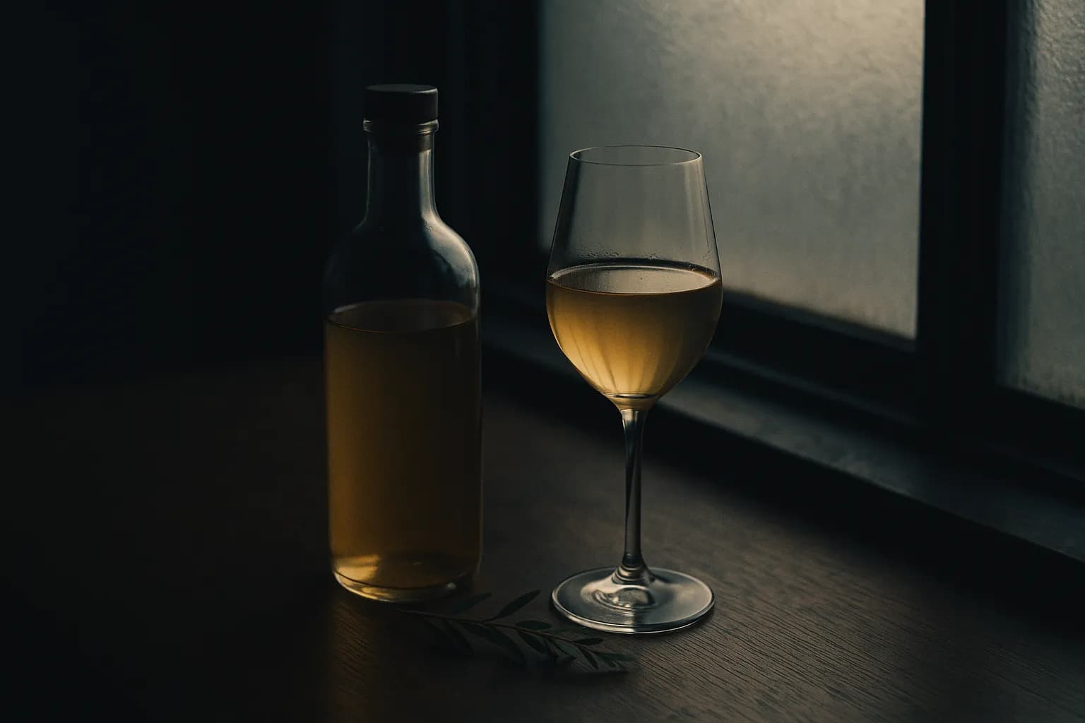 ガラスのカラフェに静かに注がれた深いルビー色のノンアルコール飲料。庭園のシルエットと灯りが背景に映える、テロワールを映したビバレッジの世界観